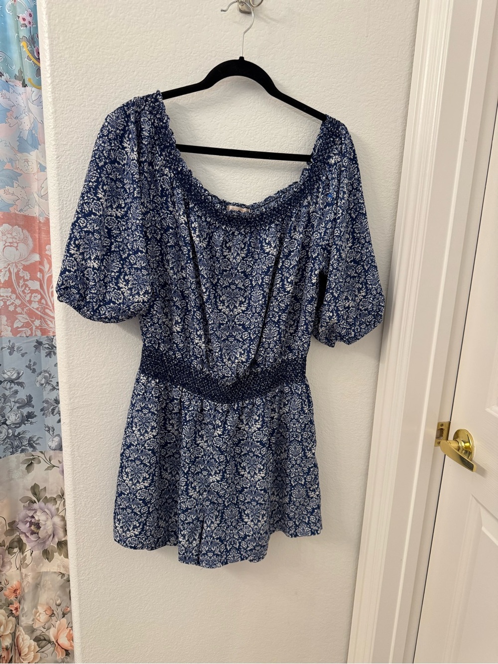Skies Are Blue Navy Floral Off-Shoulder Romper Large Women’s boho